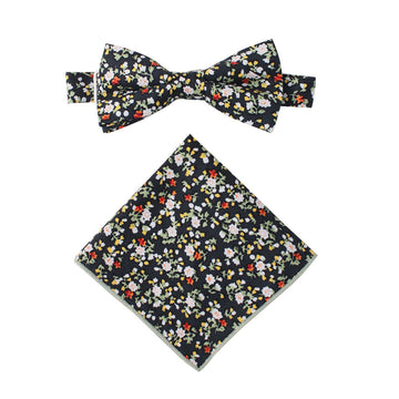 Black Red Yellow Multi Floral Cotton Bow Tie & Pocket Square