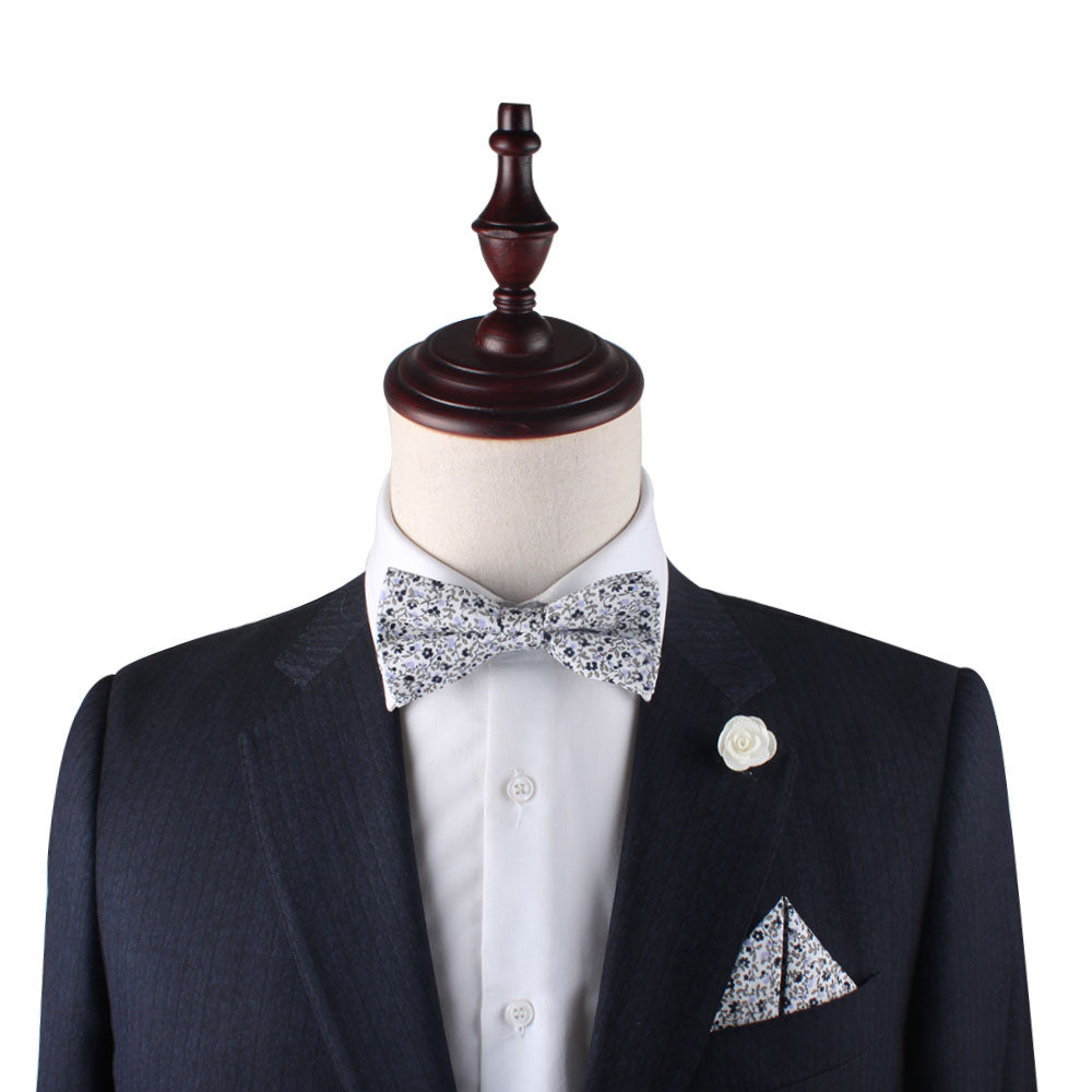 Black Print Floral Cotton Bow Tie & Pocket Square Set