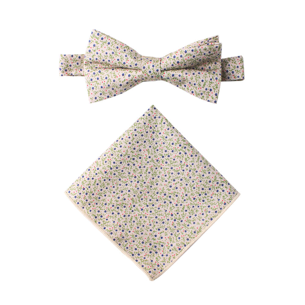 Blue Forget-Me-Nots Floral Cotton Bow Tie & Pocket Square Set