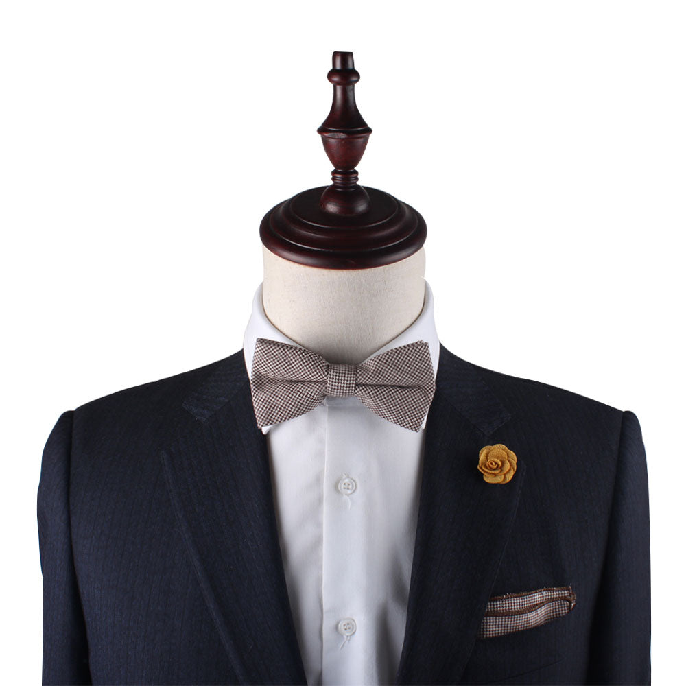 Brown Mini Houndstooth Cotton Bow Tie & Pocket Square Set