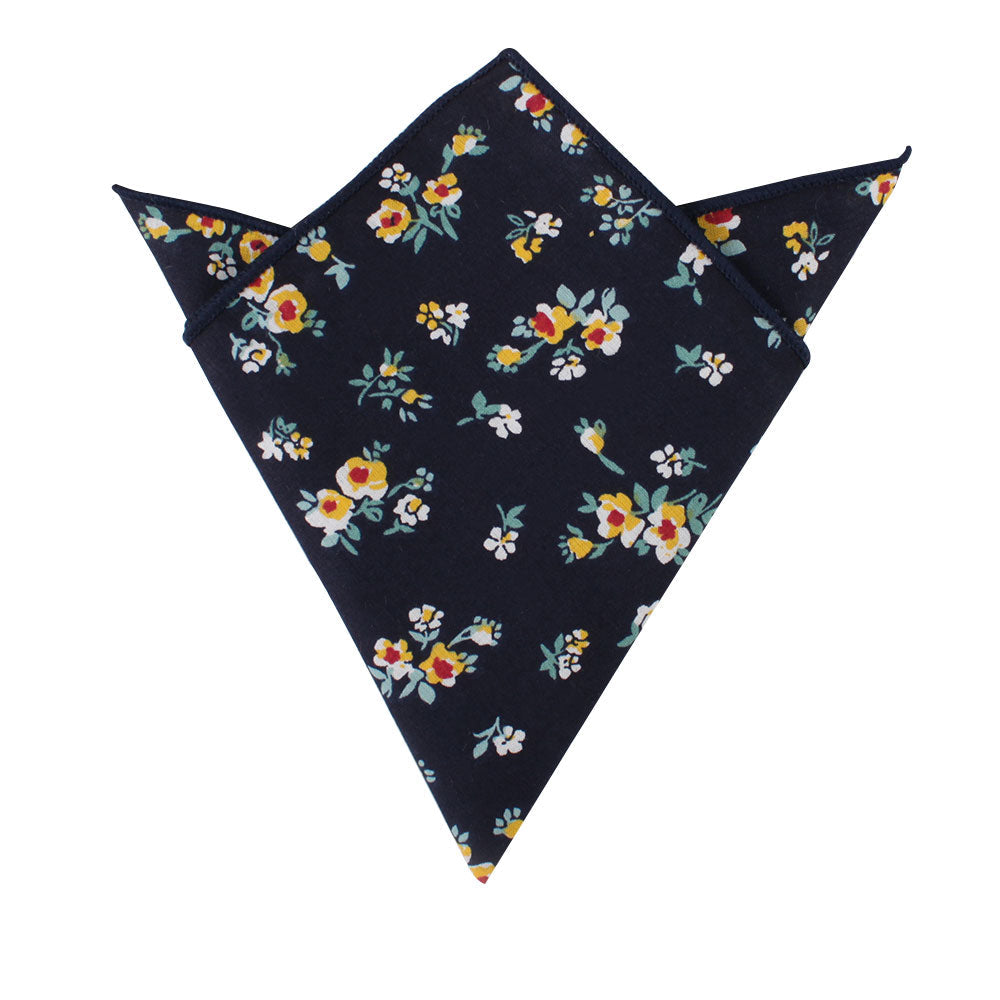 Floral Navy Yellow Cotton Bow Tie & Pocket Square Set