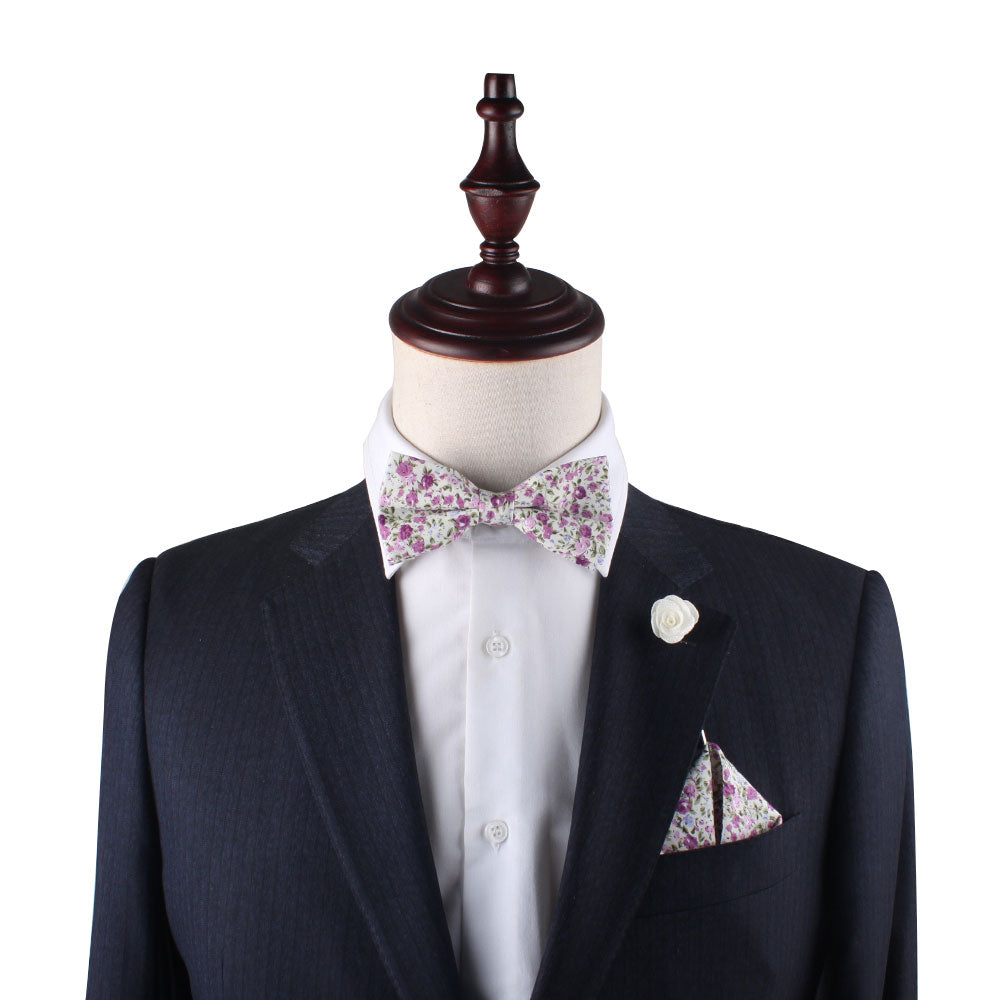 Pink Roses Floral Cotton Bow Tie & Pocket Square Set